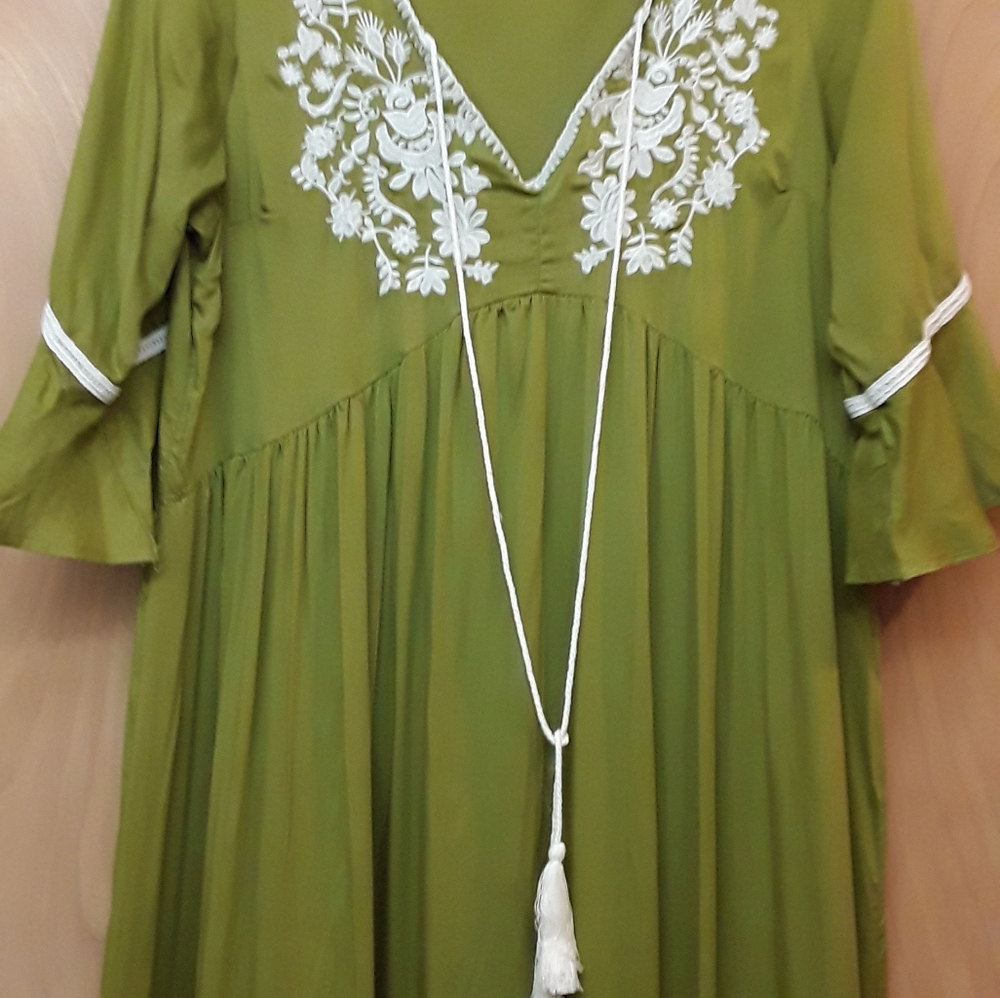 Olive Green Boho Maxi Dress L
